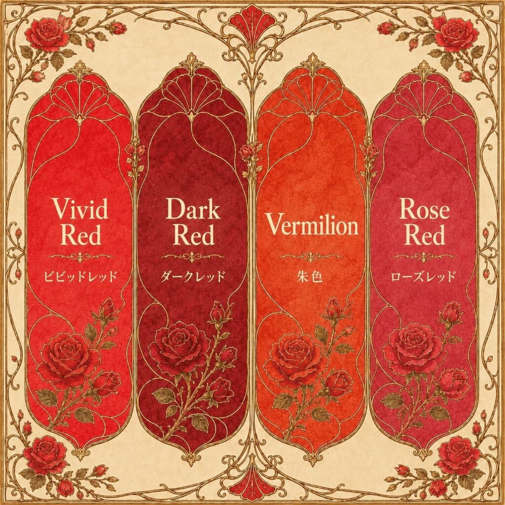色彩心理 赤の色味比較インフォグラフィック Vivid Red Dark Red Vermilion