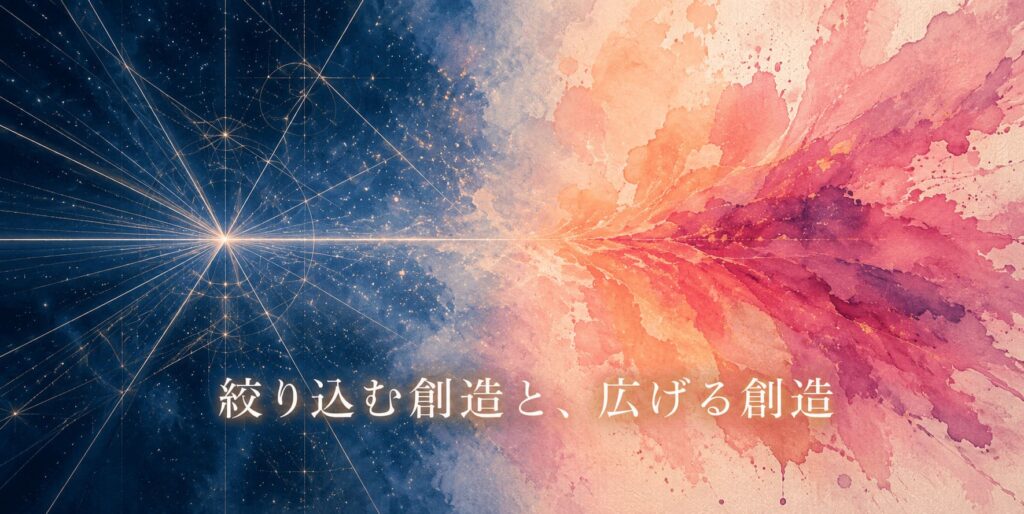 収束的思考と拡散的思考 星空の光と水彩の滲みが対比するイラスト