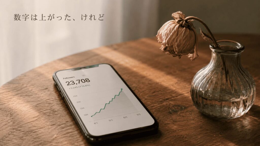 数字の達成と空虚さの対比を表すスマホ画面と萎れた花